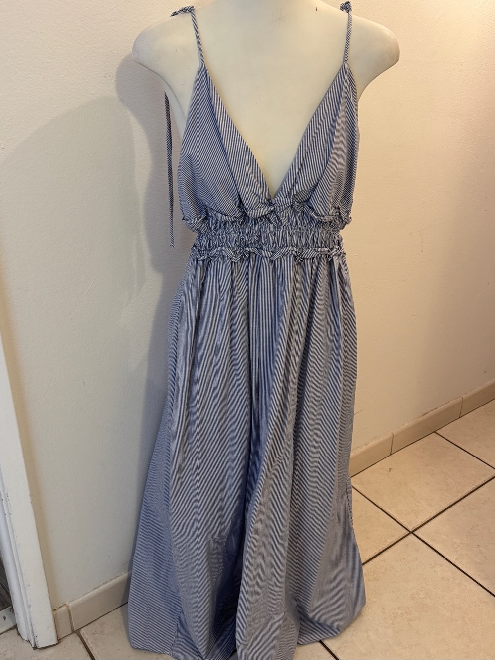 Zara Light Blue Pinstripe Maxi Dress with Smocked Waist